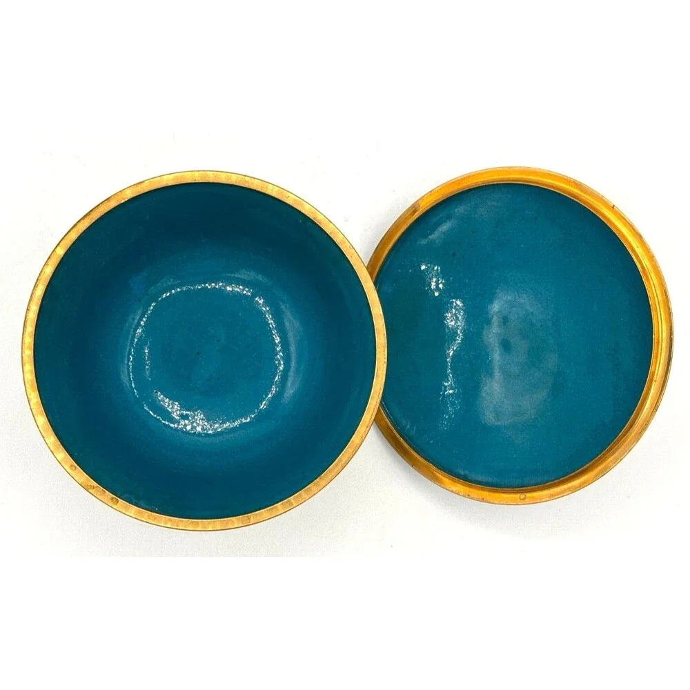 Vintage Chinese Cloisonné Enamel on Bronze Lidded Bowl Trinket Dish‎ Floral Teal